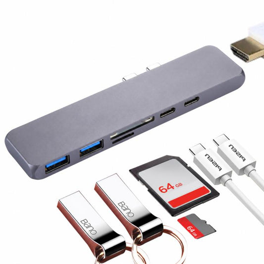 Multi-function Aluminium Alloy Dual USB-C / Type-C HUB Adapter with HDMI Female & 2 x USB 3.0 Ports & 2 x USB-C / Type-C Ports & SD Card Slot & TF Card Slot, HDMI+2xUSB 3.0+2xType-C+Micro SD+SD
