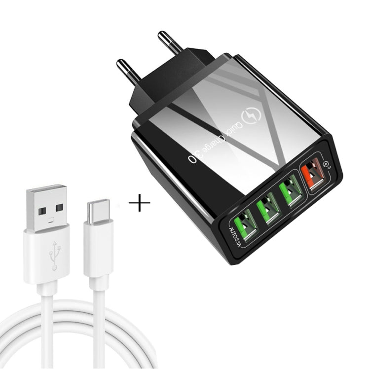 2 in 1 USB to USB-C / Type-C Data Cable + 30W QC 3.0 4 USB Interfaces Mobile Phone Tablet PC Universal Quick Charger Travel Charger Set, EU Plug, USB-C / Type-C Set EU Plug