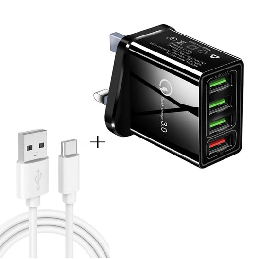 2 in 1 1m USB to USB-C / Type-C Data Cable + 30W QC 3.0 4 USB Interfaces Mobile Phone Tablet PC Universal Quick Charger Travel Charger Set, UK Plug, USB-C / Type-C Set UK Plug