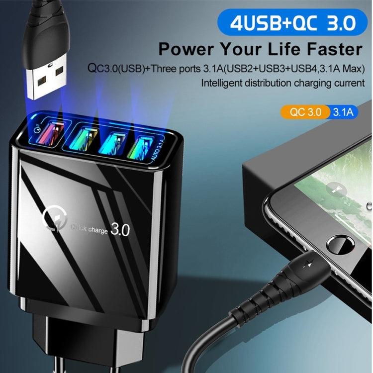 2 in 1 1m USB to Micro USB Data Cable + 30W QC 3.0 4 USB Interfaces Mobile Phone Tablet PC Universal Quick Charger Travel Charger Set, EU Plug, Micro USB Set EU Plug
