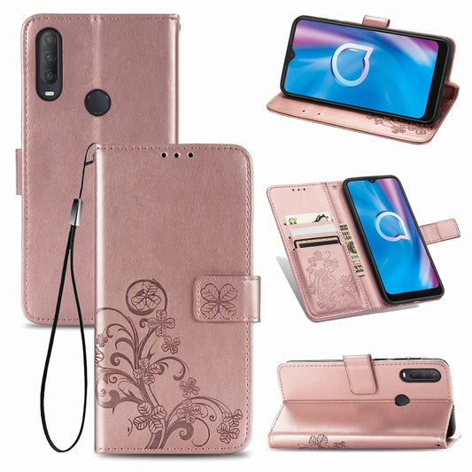 Four-leaf Clasp Embossed Buckle Mobile Phone Protection Leather Case with Lanyard & Card Slot & Wallet & Holder Function, For  Alcatel 1S (2020)