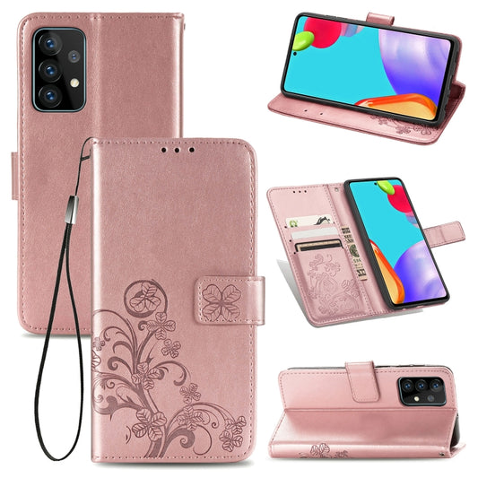 Four-leaf Clasp Embossed Buckle Mobile Phone Protection Leather Case with Lanyard & Card Slot & Wallet & Bracket Function, For Samsung Galaxy A52 5G, For Samsung Galaxy A72 5G, For Motorola MOTO E7
