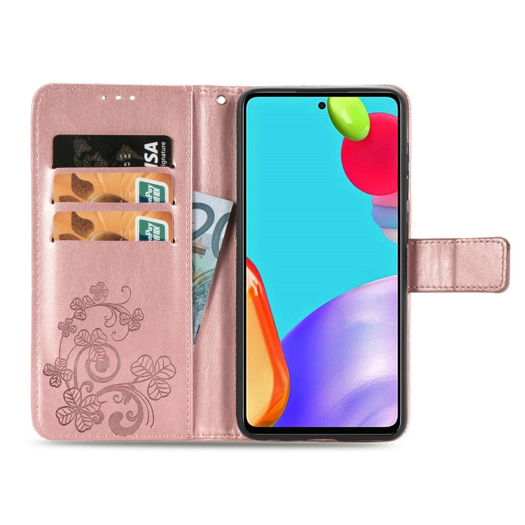 Four-leaf Clasp Embossed Buckle Mobile Phone Protection Leather Case with Lanyard & Card Slot & Wallet & Bracket Function, For Samsung Galaxy A52 5G, For Samsung Galaxy A72 5G, For Motorola MOTO E7