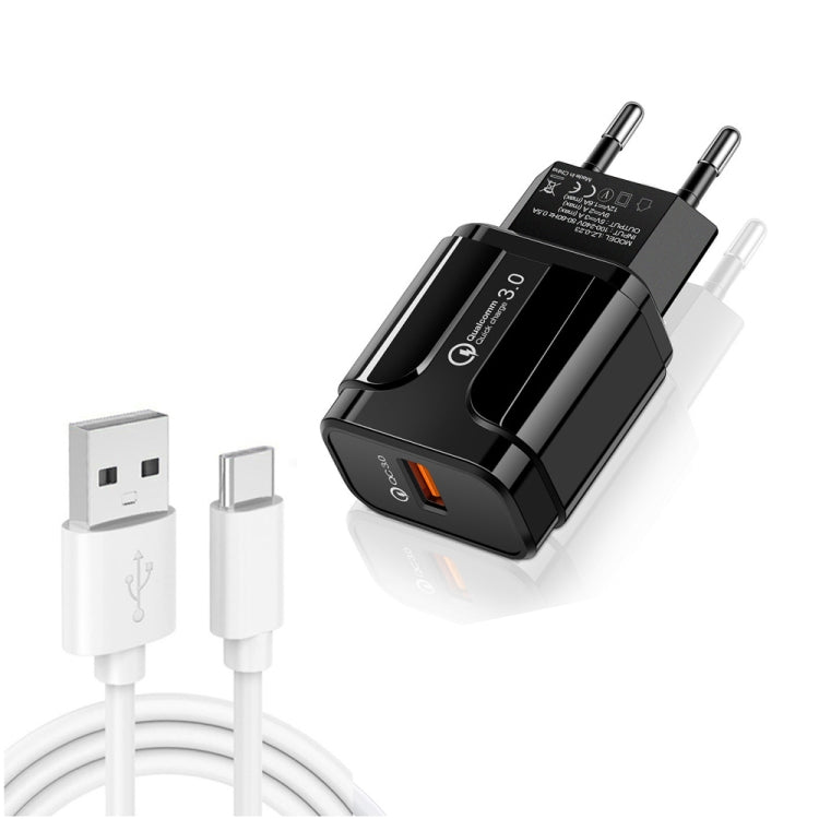 LZ-023 18W QC 3.0 USB Portable Travel Charger + 3A USB to Type-C Data Cable, EU Plug, Type-C Data Cable, EU Plug