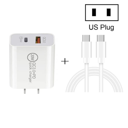 20W PD Type-C + QC 3.0 USB Interface Fast Charging Travel Charger with USB-C / Type-C to Type-C Fast Charge Data Cable, US Plug, AU Plug, EU Plug