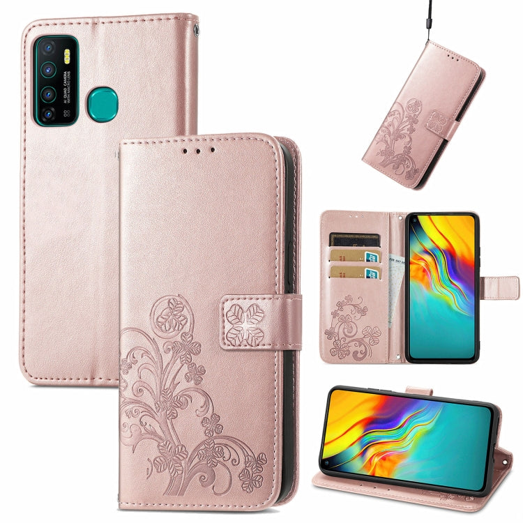 Four-leaf Clasp Embossed Buckle Mobile Phone Protection Leather Case with Lanyard & Card Slot & Wallet & Bracket Function, For Infinix Hot 9