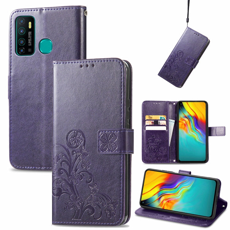 Four-leaf Clasp Embossed Buckle Mobile Phone Protection Leather Case with Lanyard & Card Slot & Wallet & Bracket Function, For Infinix Hot 9