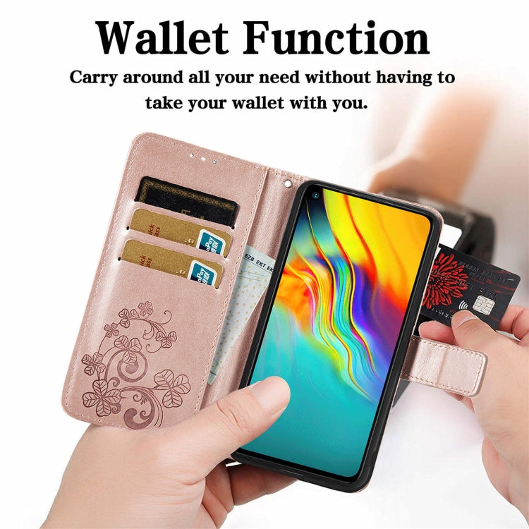Four-leaf Clasp Embossed Buckle Mobile Phone Protection Leather Case with Lanyard & Card Slot & Wallet & Bracket Function, For Infinix Hot 9