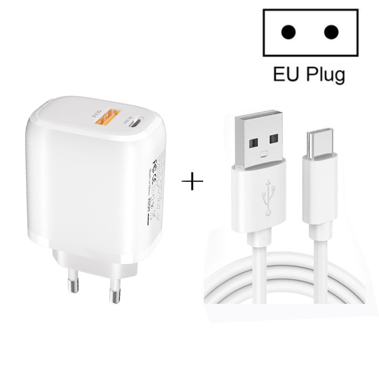 CS-20W Mini Portable PD3.0 + QC3.0 Dual Ports Fast Charger with 3A USB to Type-C Data Cable, Charger + USB to Type-C Cable