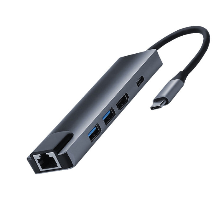 5 in 1 USB Type-C to RJ45+USB3.0 x 2+PD+HDMI HUB Adapter, RJ45+USB3.0 x 2+PD+HDMI