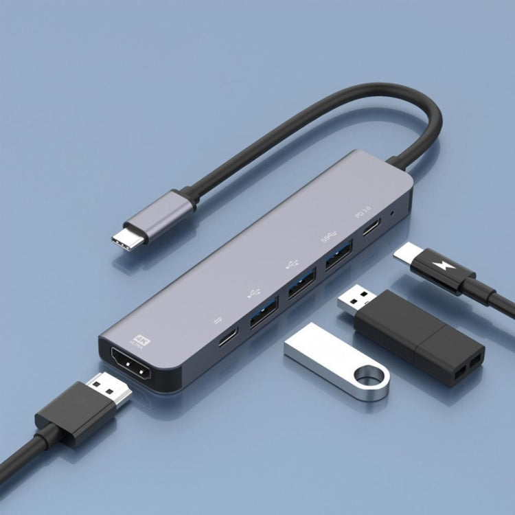 6-in-1 Type-C to HDMI + PD + Type-C + USB3.0 + USB2.0 x 2 Docking Station HUB Adapter