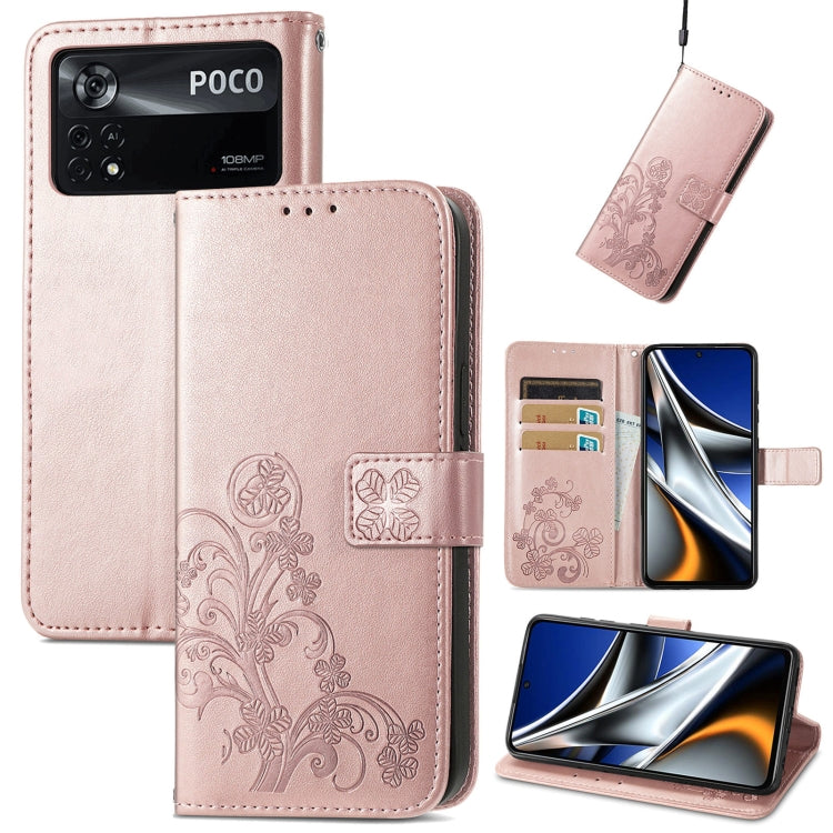 Four-leaf Clasp Embossed Buckle Leather Phone Case, For Xiaomi Redmi K50 Pro, For Xiaomi Redmi 10C, For Xiaomi Redmi Note 11 Pro 4G Global, For Xiaomi Poco X4 Pro 5G, For Xiaomi Poco M4 Pro