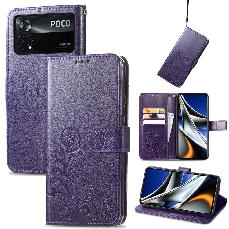 Four-leaf Clasp Embossed Buckle Leather Phone Case, For Xiaomi Redmi K50 Pro, For Xiaomi Redmi 10C, For Xiaomi Redmi Note 11 Pro 4G Global, For Xiaomi Poco X4 Pro 5G, For Xiaomi Poco M4 Pro