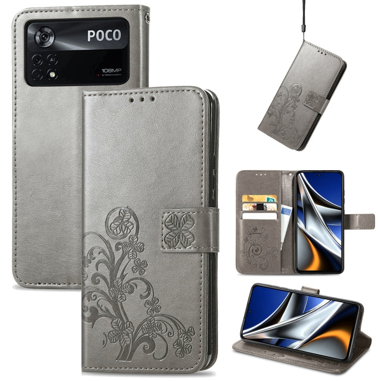 Four-leaf Clasp Embossed Buckle Leather Phone Case, For Xiaomi Redmi K50 Pro, For Xiaomi Redmi 10C, For Xiaomi Redmi Note 11 Pro 4G Global, For Xiaomi Poco X4 Pro 5G, For Xiaomi Poco M4 Pro