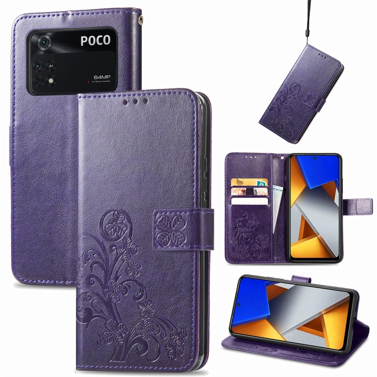 Four-leaf Clasp Embossed Buckle Leather Phone Case, For Xiaomi Redmi K50 Pro, For Xiaomi Redmi 10C, For Xiaomi Redmi Note 11 Pro 4G Global, For Xiaomi Poco X4 Pro 5G, For Xiaomi Poco M4 Pro