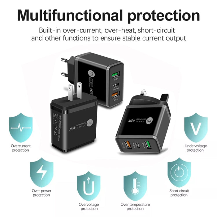45W PD25W + 2 x QC3.0 USB Multi Port Charger with USB to Type-C Cable, EU Plug, EU Plug + USB to Type-C Cable