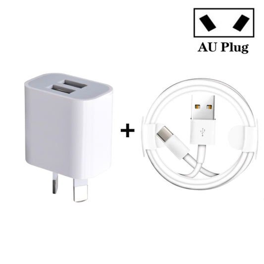 Mini Dual Port USB Charger with USB to Type-C Data Cable, AU Plug, AU Plug + Type-C Cable