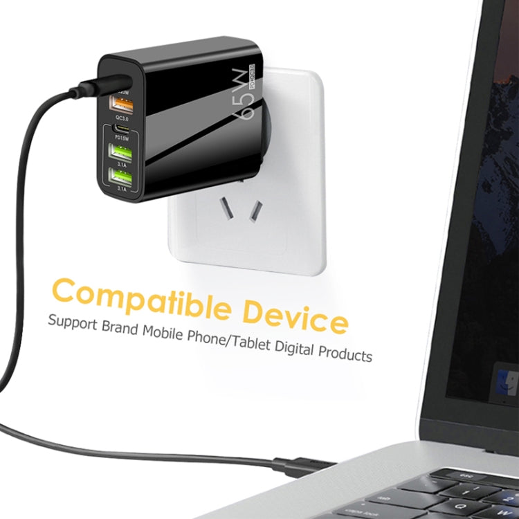 65W Dual PD Type-C + 3 x USB Multi Port Charger with 3A USB to Type-C Data Cable, US Plug, US Plug + USB to Type-C Cable