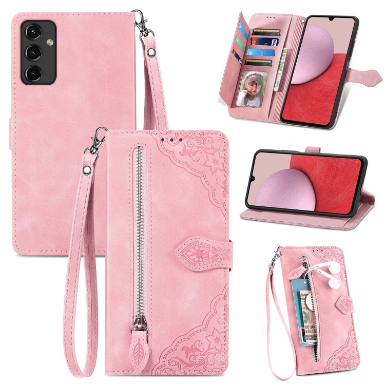 For Samsung Galaxy A14 5G Embossed Flower  Zipper Leather Phone Case, For Samsung Galaxy A14 5G