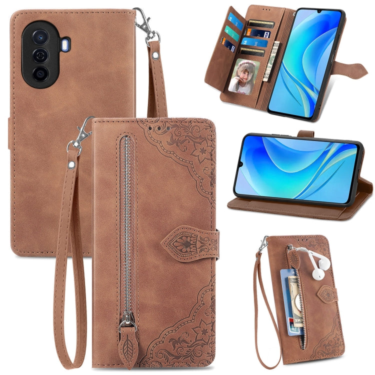 Embossed Flower Zipper Leather Phone Case, For Huawei Nova Y70, For Huawei  Enjoy 50