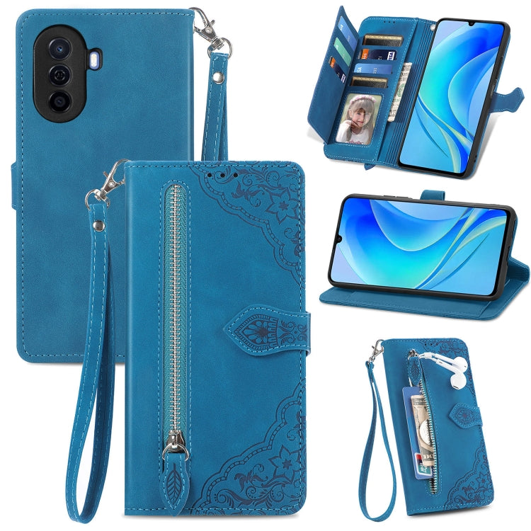 Embossed Flower Zipper Leather Phone Case, For Huawei Nova Y70, For Huawei  Enjoy 50