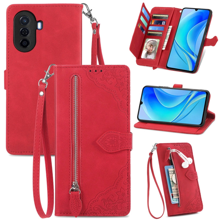 Embossed Flower Zipper Leather Phone Case, For Huawei Nova Y70, For Huawei  Enjoy 50