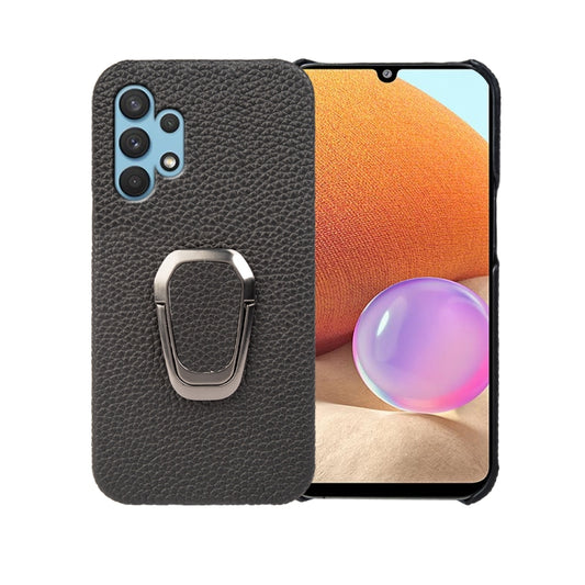 For Samsung Galaxy A32 4G Ring Holder Litchi Texture Genuine Leather Phone Case, For Samsung Galaxy A32 4G