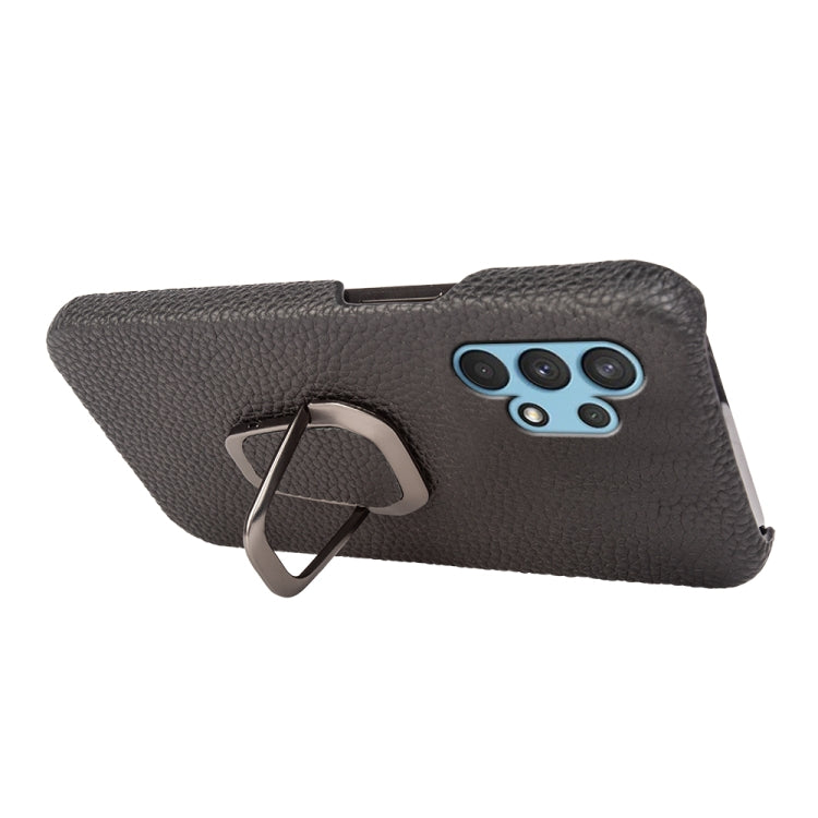 For Samsung Galaxy A32 4G Ring Holder Litchi Texture Genuine Leather Phone Case, For Samsung Galaxy A32 4G