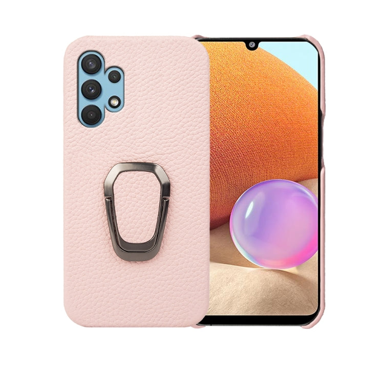 For Samsung Galaxy A32 4G Ring Holder Litchi Texture Genuine Leather Phone Case, For Samsung Galaxy A32 4G