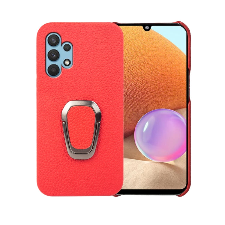 For Samsung Galaxy A32 4G Ring Holder Litchi Texture Genuine Leather Phone Case, For Samsung Galaxy A32 4G