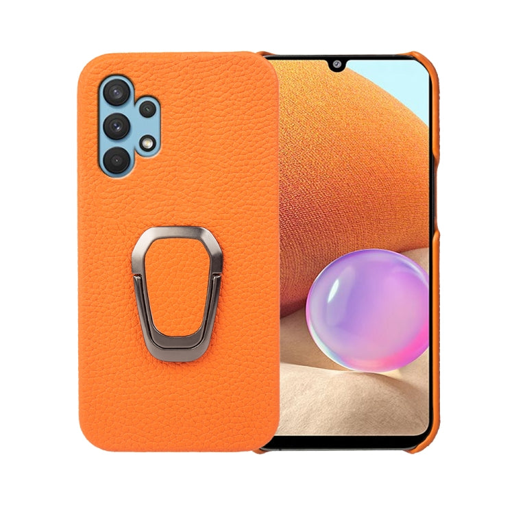 For Samsung Galaxy A32 4G Ring Holder Litchi Texture Genuine Leather Phone Case, For Samsung Galaxy A32 4G