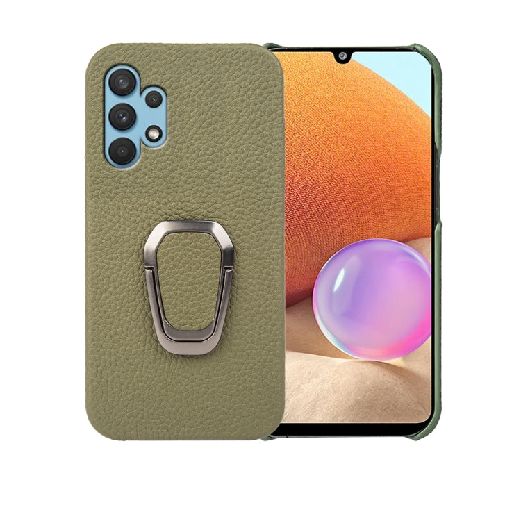 For Samsung Galaxy A32 4G Ring Holder Litchi Texture Genuine Leather Phone Case, For Samsung Galaxy A32 4G