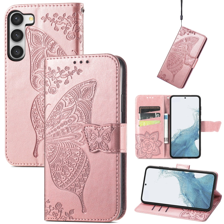 Butterfly Love Flower Embossed Leather Phone Case, For Samsung Galaxy S23 5G, For Samsung Galaxy S23+ 5G, For Samsung Galaxy S23 Ultra 5G, For vivo V25