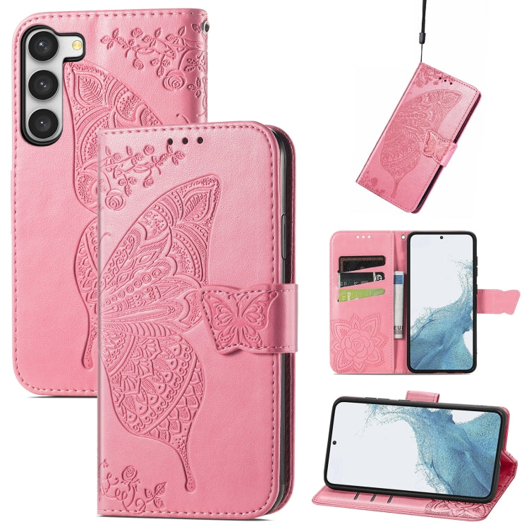 Butterfly Love Flower Embossed Leather Phone Case, For Samsung Galaxy S23 5G, For Samsung Galaxy S23+ 5G, For Samsung Galaxy S23 Ultra 5G, For vivo V25