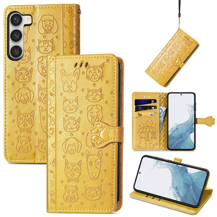Cute Cat and Dog Embossed Leather Phone Case, For Samsung Galaxy S23 5G, For Samsung Galaxy S23+ 5G, For Samsung Galaxy S23 Ultra 5G, For vivo V25