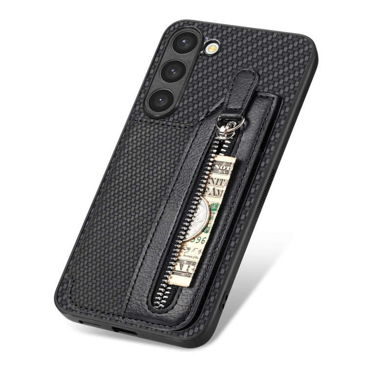 Carbon Ffiber Flip Zipper Wallet Phone Case, For Samsung Galaxy S23 5G, For Samsung Galaxy S23+ 5G, For Samsung Galaxy S23 Ultra 5G