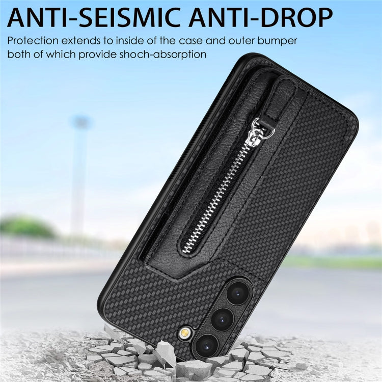 Carbon Ffiber Flip Zipper Wallet Phone Case, For Samsung Galaxy S23 5G, For Samsung Galaxy S23+ 5G, For Samsung Galaxy S23 Ultra 5G