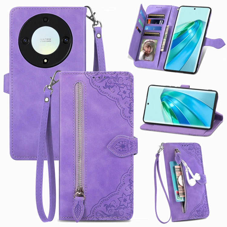 Embossed Flower Zipper Leather Phone Case, For Honor Magic5 Lite, For Honor X40, For Honor X9a