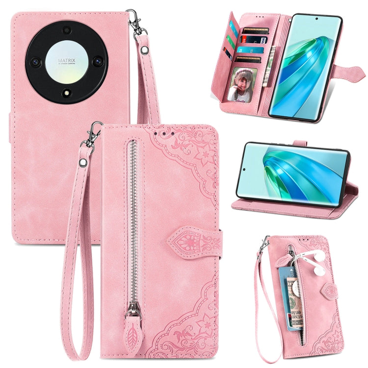 Embossed Flower Zipper Leather Phone Case, For Honor Magic5 Lite, For Honor X40, For Honor X9a