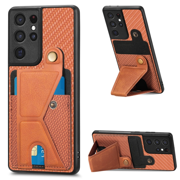 Carbon Fiber Wallet Flip Card K-shaped Holder Phone Case, For Samsung Galaxy S22 5G, For Samsung Galaxy S22+ 5G, For Samsung Galaxy S22 Ultra 5G, For Samsung Galaxy S21 5G, For Samsung Galaxy S21+ 5G, For Samsung Galaxy S21 Ultra 5G                    ...