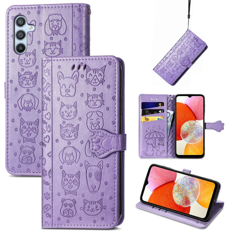 Cat and Dog Embossed Phone Leather Phone Case, For Infinix Note 12 G96, For OnePlus Ace 2, For Realme C55, For Tecno Pova Neo 5G, For vivo S15e, For Samsung Galaxy A14 4G