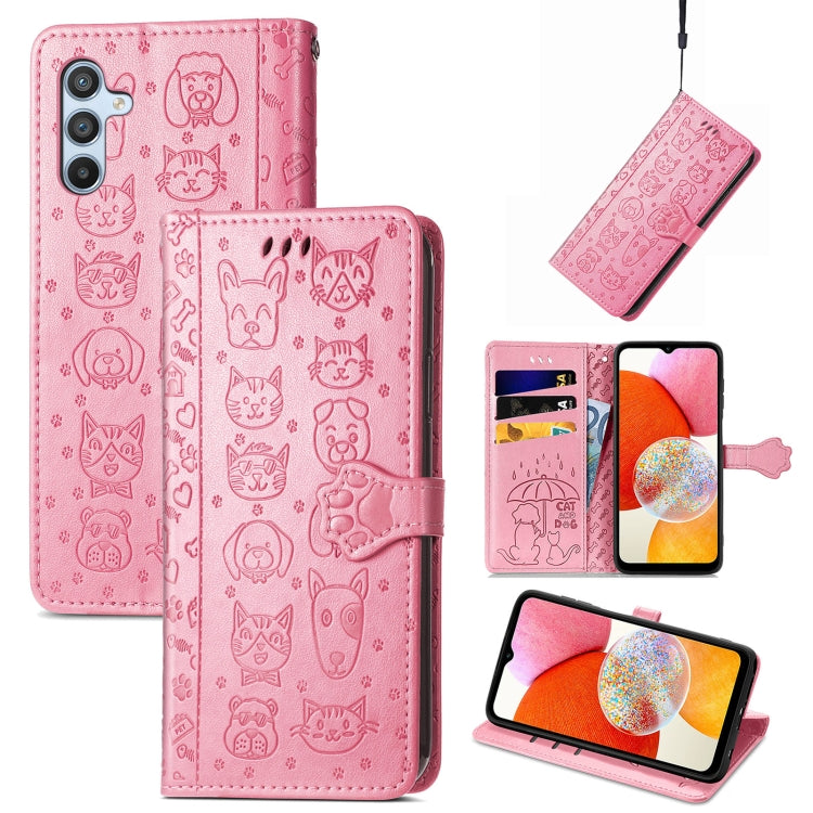 Cat and Dog Embossed Phone Leather Phone Case, For Infinix Note 12 G96, For OnePlus Ace 2, For Realme C55, For Tecno Pova Neo 5G, For vivo S15e, For Samsung Galaxy A14 4G
