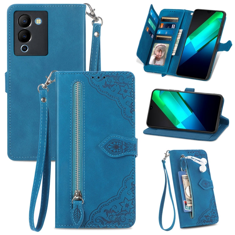 Embossed Flower Zipper Leather Phone Case, For Infinix Note 12 G96, For OnePlus Ace 2, For Tecno Pova Neo 5G, For vivo S15e, For ZTE Blade A52, For Samsung Galaxy A14 4G, For Samsung Galaxy A34 5G