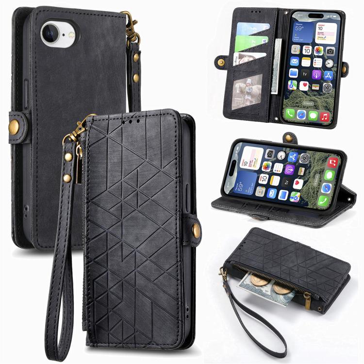 Geometric Zipper Wallet Side Buckle Leather Phone Case, For iPhone 18 Pro / 17 Pro, For iPhone 18 Pro Max / 17 Pro Max, For iPhone 17e / 16e, For iPhone 17, For iPhone Air, For iPhone 16 Pro Max, For iPhone 16 Pro, For iPhone 16 Plus