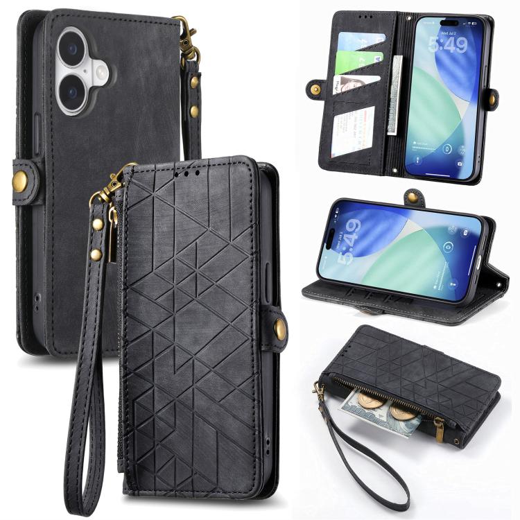 Geometric Zipper Wallet Side Buckle Leather Phone Case, For iPhone 18 Pro / 17 Pro, For iPhone 18 Pro Max / 17 Pro Max, For iPhone 17e / 16e, For iPhone 17, For iPhone Air, For iPhone 16 Pro Max, For iPhone 16 Pro, For iPhone 16 Plus