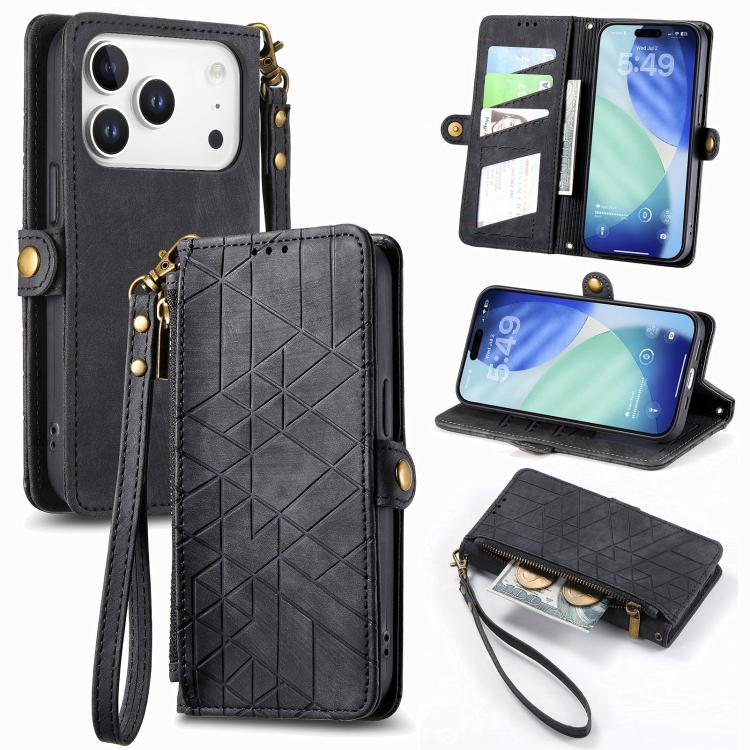 Geometric Zipper Wallet Side Buckle Leather Phone Case, For iPhone 18 Pro / 17 Pro, For iPhone 18 Pro Max / 17 Pro Max, For iPhone 17e / 16e, For iPhone 17, For iPhone Air, For iPhone 16 Pro Max, For iPhone 16 Pro, For iPhone 16 Plus