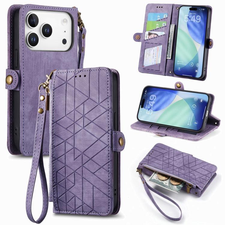 Geometric Zipper Wallet Side Buckle Leather Phone Case, For iPhone 18 Pro / 17 Pro, For iPhone 18 Pro Max / 17 Pro Max, For iPhone 17e / 16e, For iPhone 17, For iPhone Air, For iPhone 16 Pro Max, For iPhone 16 Pro, For iPhone 16 Plus