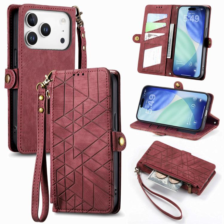 Geometric Zipper Wallet Side Buckle Leather Phone Case, For iPhone 18 Pro / 17 Pro, For iPhone 18 Pro Max / 17 Pro Max, For iPhone 17e / 16e, For iPhone 17, For iPhone Air, For iPhone 16 Pro Max, For iPhone 16 Pro, For iPhone 16 Plus