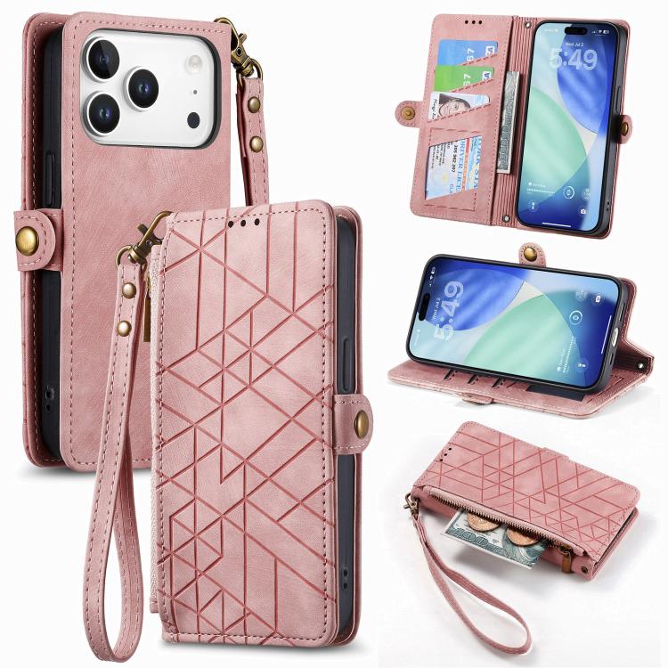 Geometric Zipper Wallet Side Buckle Leather Phone Case, For iPhone 18 Pro / 17 Pro, For iPhone 18 Pro Max / 17 Pro Max, For iPhone 17e / 16e, For iPhone 17, For iPhone Air, For iPhone 16 Pro Max, For iPhone 16 Pro, For iPhone 16 Plus
