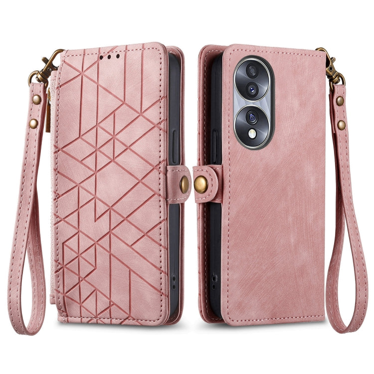 Geometric Zipper Wallet Side Buckle Leather Phone Case, For Honor V40